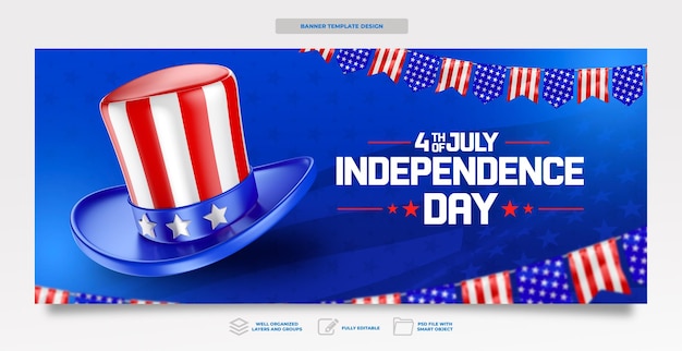 PSD banner american independence day in 3d-render-template-design