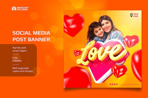 PSD banner de amor de redes sociales con un elemento 3d