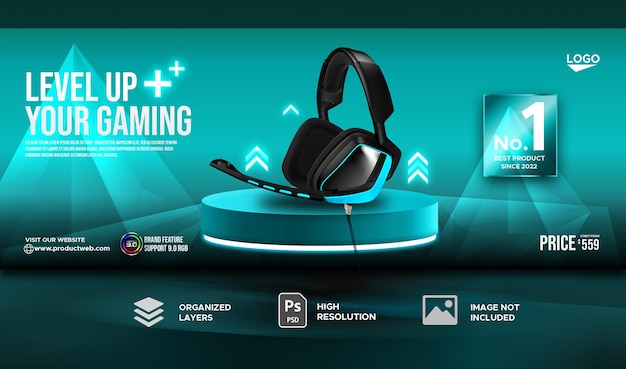 Banner de anuncios de productos de auriculares para juegos