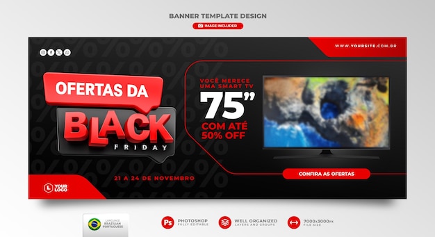 Banner black friday-angebote in portugiesischer 3d-darstellung für marketingkampagne in brasilien