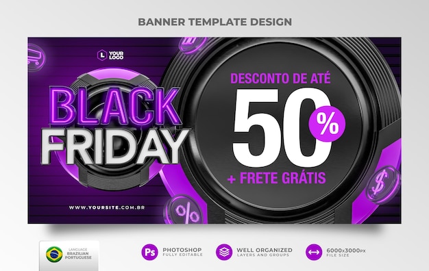 Banner black friday auf portugiesisch, 3d-rendering für marketingkampagne in brasilien