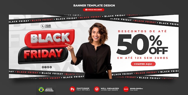 Banner black friday em renderização 3d portuguesa para campanha de marketing no brasil