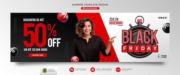 Banner black friday em renderização 3d portuguesa para campanha de marketing no brasil