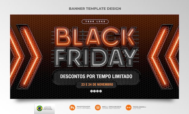 PSD banner black friday em renderização 3d portuguesa para campanha de marketing no brasil