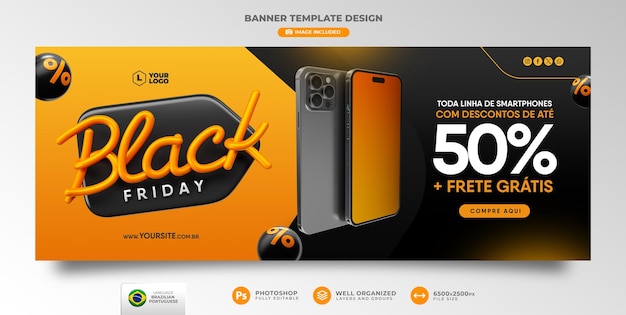 PSD banner black friday em renderização 3d portuguesa para campanha de marketing no brasil