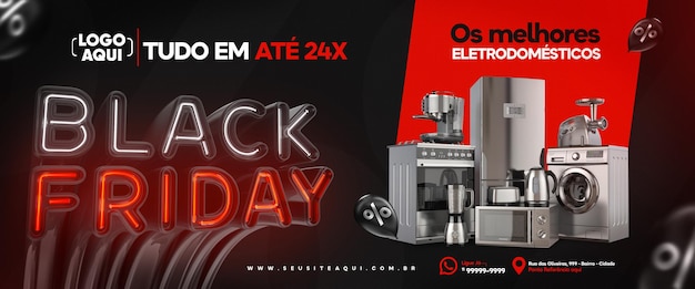 Banner black friday em renderização 3d portuguesa para campanha de marketing no brasil