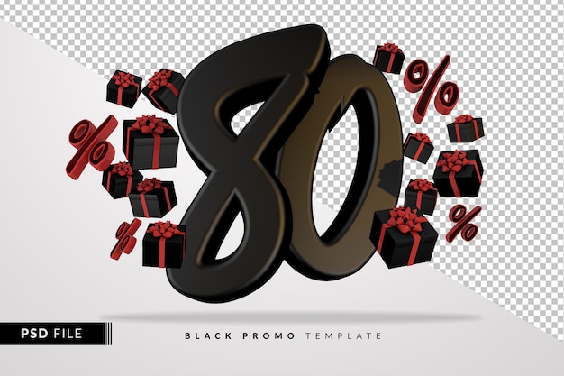 PSD banner de black friday número 80 negro 3d con cajas de regalo oscuras