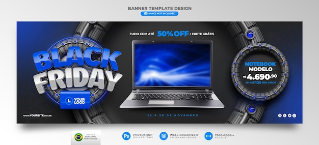 PSD banner black friday en portugués 3d renderizado para campaña de marketing en brasil