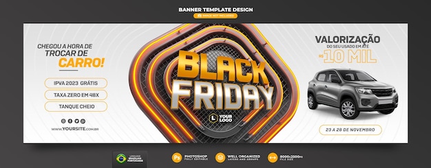 PSD banner black friday en portugués 3d renderizado para campaña de marketing en brasil