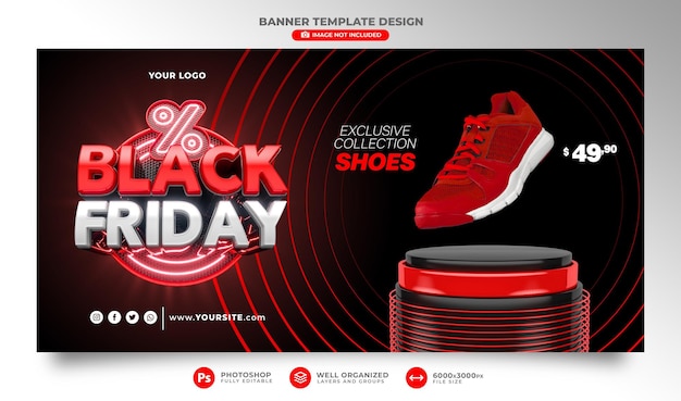 PSD banner black friday render realista 3d para campañas de promoción y ofertas especiales de venta