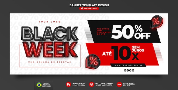 PSD banner black week em renderização 3d portuguesa para campanha de marketing no brasil