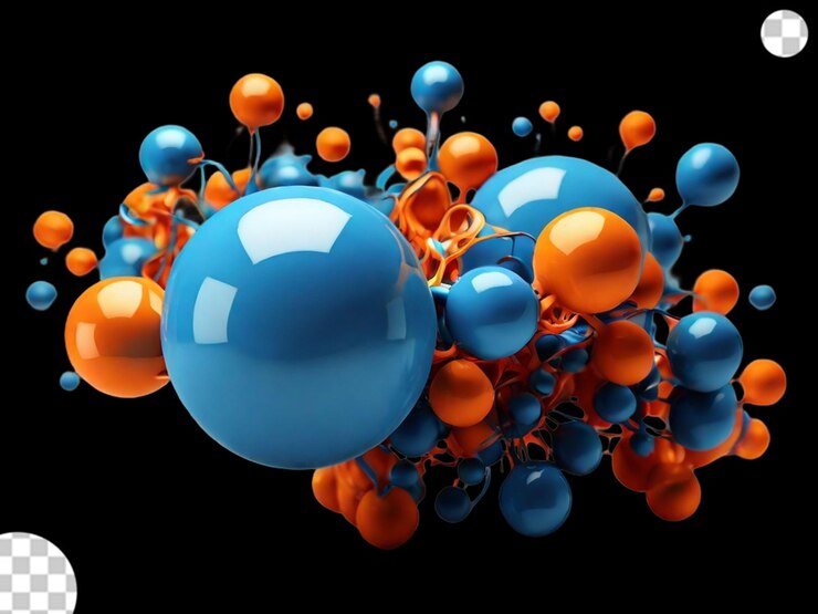 PSD banner con bolas azules y naranjas genera png transparente