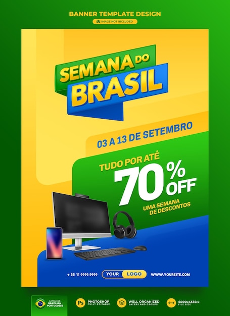 Banner brasilianische woche 3d-rendering für marketingkampagnen-vorlagendesign auf portugiesisch