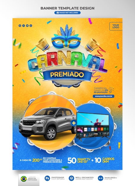 PSD banner para carnaval de ofertas en brasil en 3d para campaña de marketing en portugués