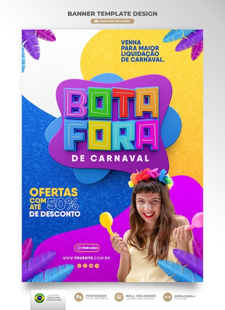 PSD banner de carnaval de ofertas en ofertas de liquidación de diseño de plantilla de renderizado 3d de brasil portugués