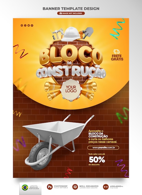 Banner de carnaval de ofertas en portugués en brasil ofertas de construcción de diseño de plantilla de renderizado 3d