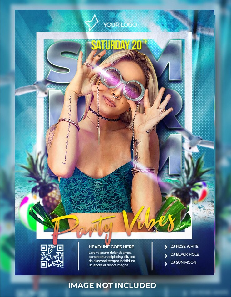 Banner de cartel de vibraciones de fiesta de verano azul fuente de publicación de redes sociales