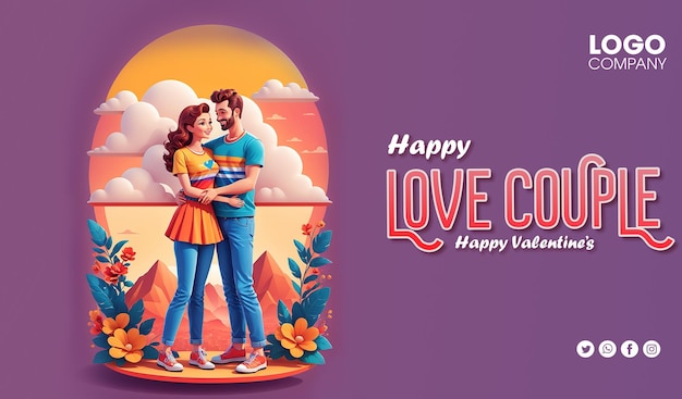 PSD banner casal apaixonado feliz dia dos namorados conceito jovem homem mulher abraçando personagens de desenhos animados