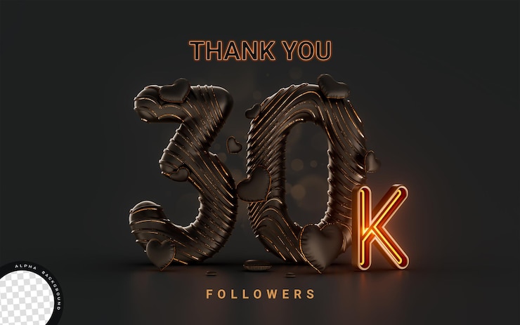 PSD banner de celebración de 30k seguidores sobre fondo oscuro con concepto de renderizado 3d de iluminación de neón