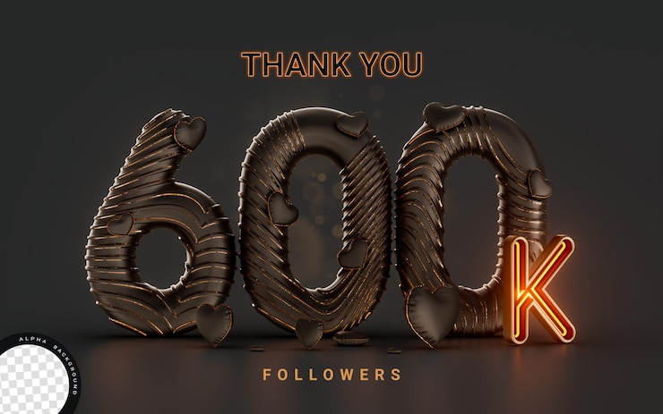 PSD banner de celebración de 600k seguidores sobre fondo oscuro con concepto de renderizado 3d de iluminación de neón