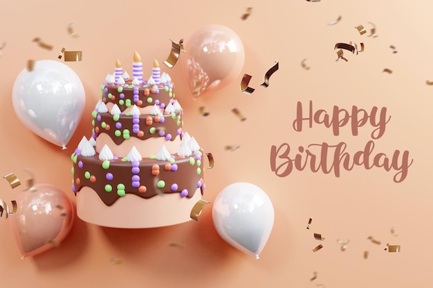 Banner de celebración de feliz cumpleaños con pastel de cumpleaños y globo realista