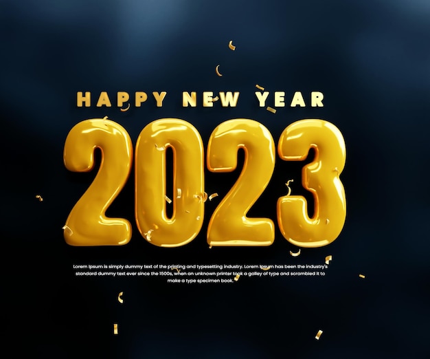 Banner de celebración realista feliz año nuevo 2023 o texto dorado feliz año nuevo 3d aislado