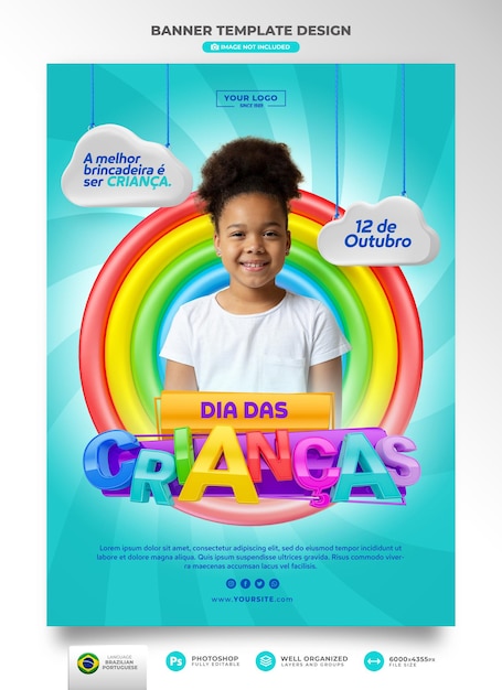 Banner Childrens Day 3D-Render in Brasilien Template-Design auf Portugiesisch