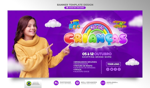 PSD banner childrens month 3d render in brazil template design em português