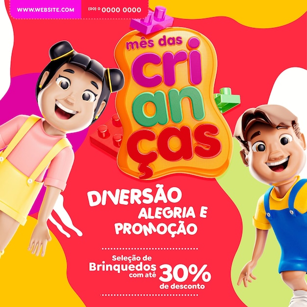 PSD banner com carimbo 3d em português para o dia das crianças