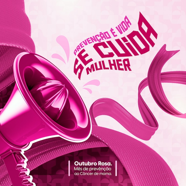 PSD banner com carimbo 3d para o mês de prevenção do câncer de mama rosa de outubro