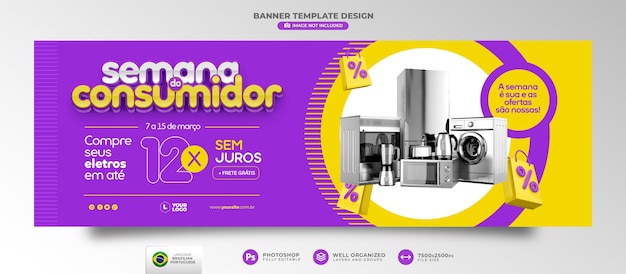 PSD banner para el comercio electrónico de la semana del consumidor en el diseño de plantilla en portugués brasileño 3d render