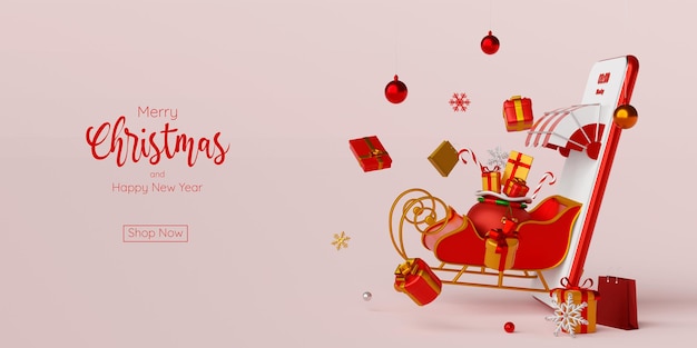 PSD banner de compras navideñas en línea en concepto de teléfono inteligente, trineo emergente desde teléfono inteligente con caja de regalo, ilustración 3d