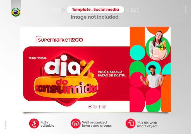 Banner consumer day 3d render in portoghese per la campagna di marketing in brasile di offerte PSD
