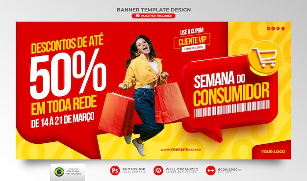 PSD banner consumidor semana render 3d en portugués para campaña de marketing en brasil de ofertas