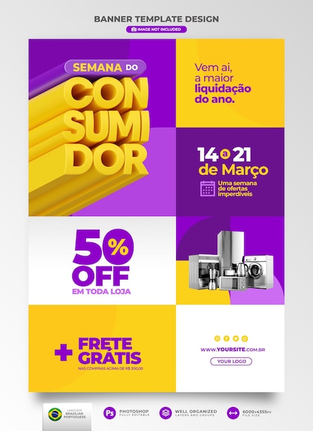 Banner consumidor semana render 3d en portugués para campaña de marketing en brasil de ofertas