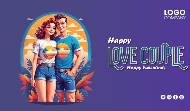 PSD banner couple amoureux joyeux concept de la saint-valentin jeune homme femme embrassant des personnages de dessins animés