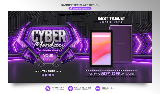 Banner cyber segunda-feira renderização 3d realista para campanhas de promoção e ofertas especiais de venda