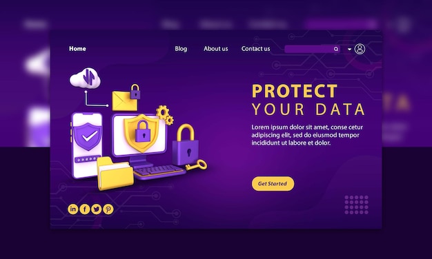 Banner da página de destino 3d de proteção de dados