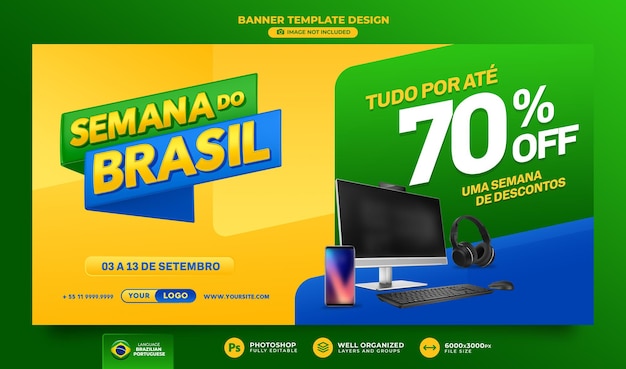 PSD banner da semana brasileira de renderização em 3d para design de template de campanha de marketing em português