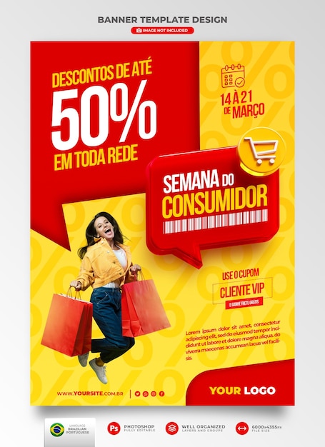 PSD banner da semana do consumidor 3d renderizado em português para campanha de marketing no brasil de ofertas