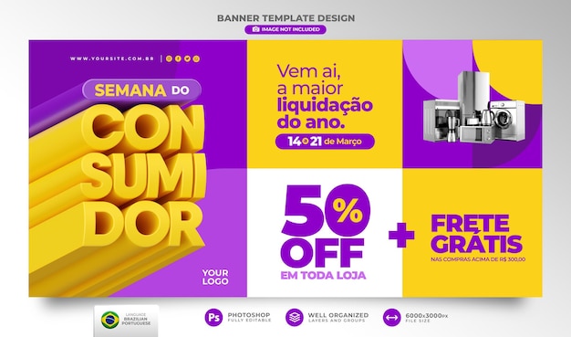 PSD banner da semana do consumidor 3d renderizado em português para campanha de marketing no brasil de ofertas