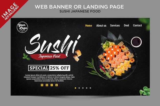 PSD banner da web de menu japonês de sushi ou modelo de página de destino