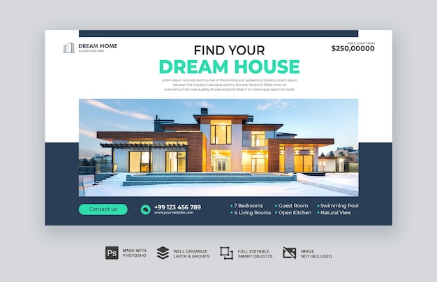 Banner da web de propriedade de casa moderna ou modelo de banner de publicidade de imóveis