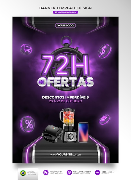 Banner de 72 horas de ofertas no brasil renderiza template 3d em português para marketing