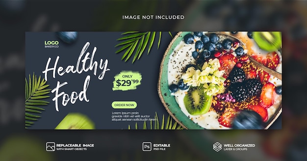 Banner de capa do facebook de mídia social de promoção de menu de comida saudável elegante modelo psd