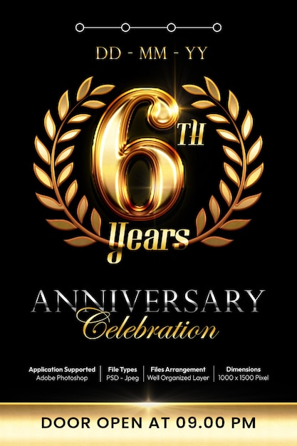 banner de cartaz de convite de festa de 6º aniversário com número de texto editável estilo 3d