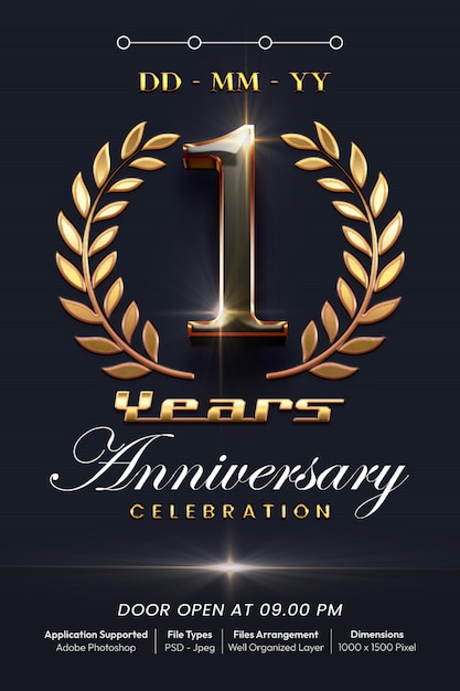 banner de cartaz de convite de festa de aniversário de 1 ano com número de texto editável estilo 3d