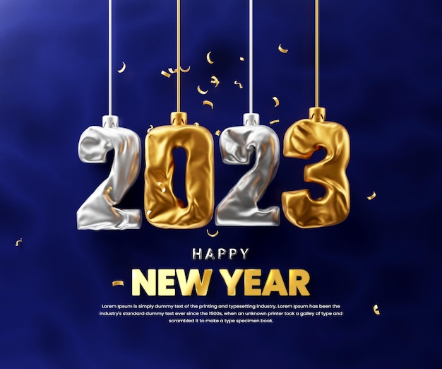 banner de comemoração de feliz ano novo 2023 com renderização 3d de texto brilhante dourado ou fundo de feliz ano novo