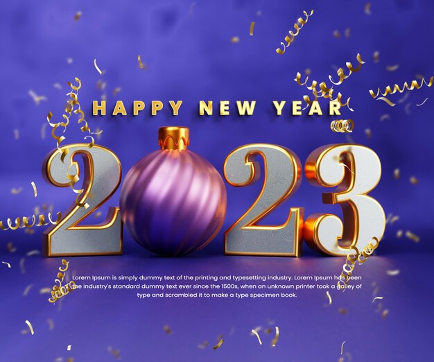 Banner de comemoração de feliz ano novo 2023 realista ou texto 3d de feliz ano novo com bola de natal