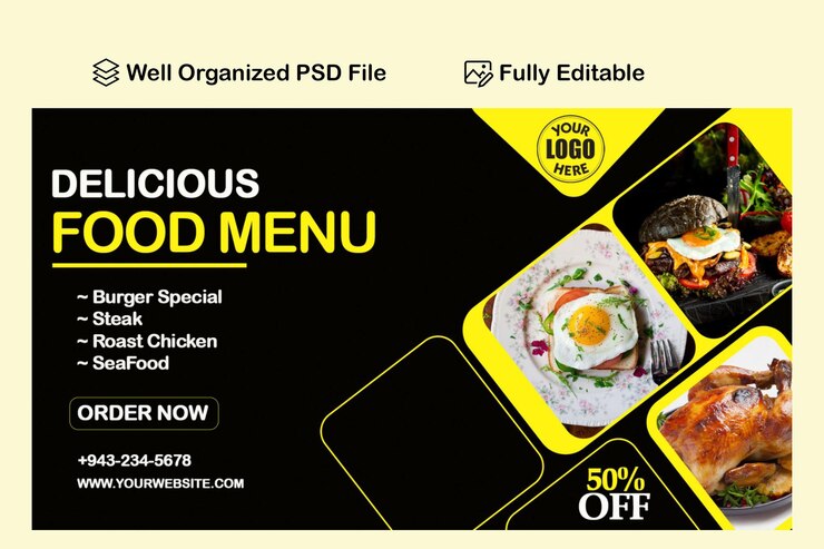 PSD banner de comida de restaurante preto e amarelo para mídias sociais